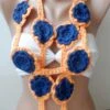 BIG ROSES Crochet Necklace Scarf, Lariat Scarf, Tangerina Navy Scarf, Handmade, Christmas Scarf, Valentines Day Scarf, Floral, Navy Scarf