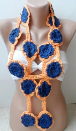 BIG ROSES Crochet Necklace Scarf, Lariat Scarf, Tangerina Navy Scarf, Handmade, Christmas Scarf, Valentines Day Scarf, Floral, Navy Scarf