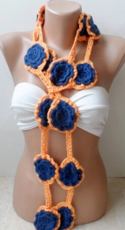 BIG ROSES Crochet Necklace Scarf, Lariat Scarf, Tangerina Navy Scarf, Handmade, Christmas Scarf, Valentines Day Scarf, Floral, Navy Scarf -Jewellery Soldes Boutique il fullxfull.537092190 hy1y