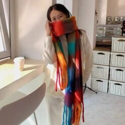 Rainbow Scarf, Winter Colorful Plaid Mohair Scarf, Tassel Warm Thickened Scarf, Cute Girl Student Scarf, Christmas Gift