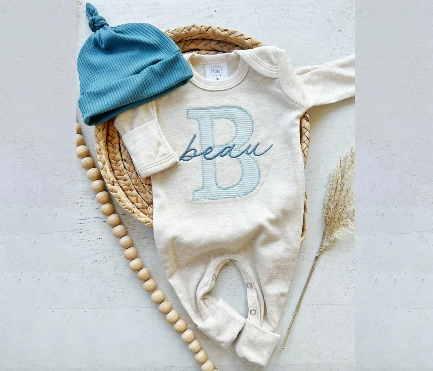 Personalized Neutral Baby Romper And Hat Set, Custom Infant Boy Coming Home Outfit, Baby Shower Gift, Sleeper With Footies Blue Christmas 4 Personalized Neutral Baby Romper And Hat Set, Custom Infant Boy Coming Home Outfit, Baby Shower Gift, Sleeper With Footies Blue Christmas - Image 2