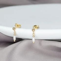 Christmas Sale, Pearl Ear Stud Earrings Cute Dangling Charm, Gold Plated Over Sterling Silver