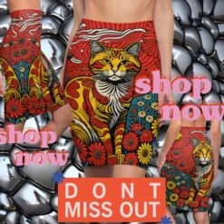 Pretty Red Kitty Women's Pencil Skirt Great Birthday Christmas Gift For Cat Lovers Red Yellow Blue Floral Design Colorful School/work Skirt