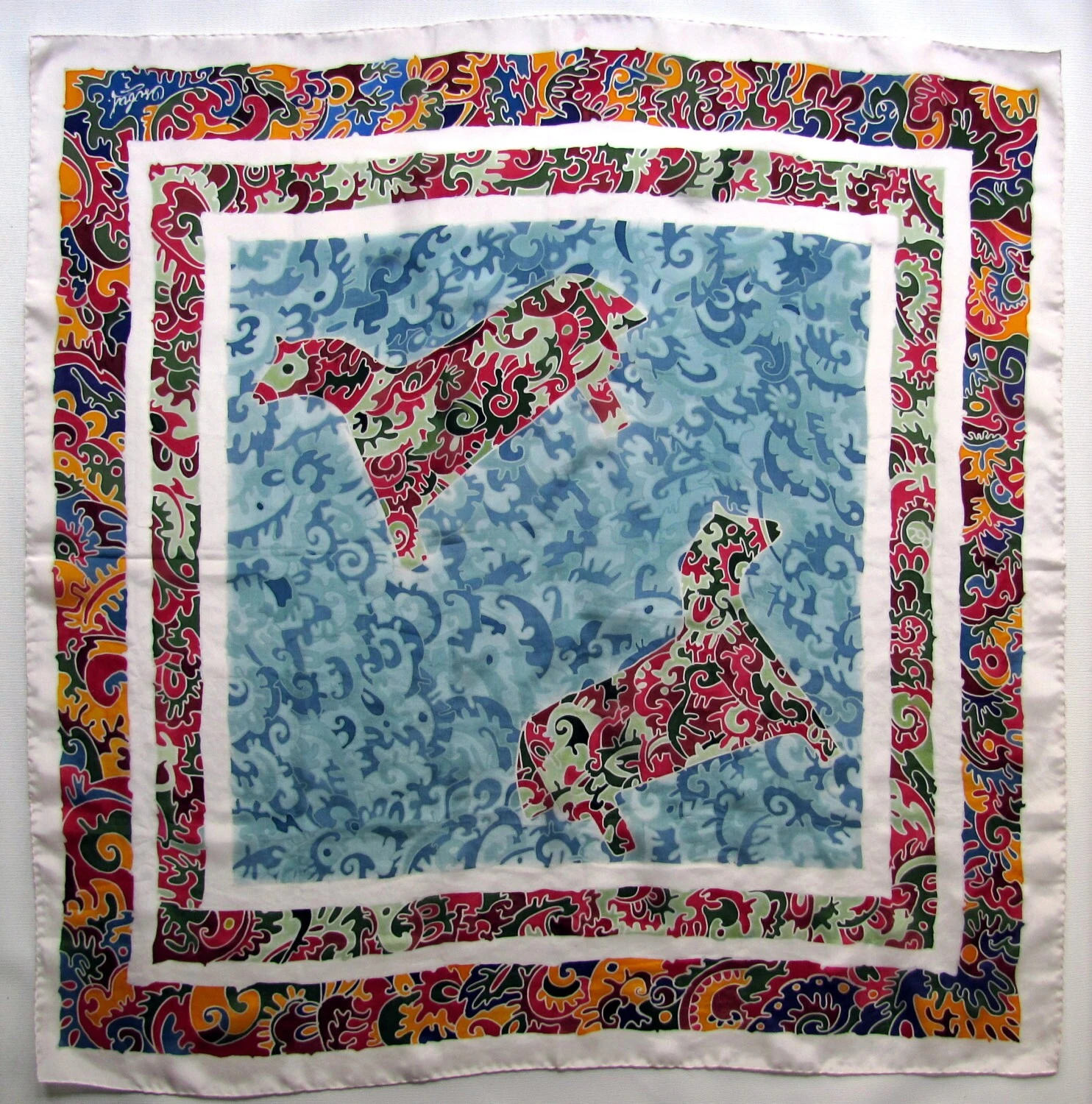 Square Silk Scarf Silk Horses. Hand Painted Silk Scarf. Orange, White, Magenta, Blue Painted Silk. Christmas Gift READY To SHIP 6 Square Silk Scarf Silk Horses. Hand Painted Silk Scarf. Orange, White, Magenta, Blue Painted Silk. Christmas Gift READY To SHIP - Image 4