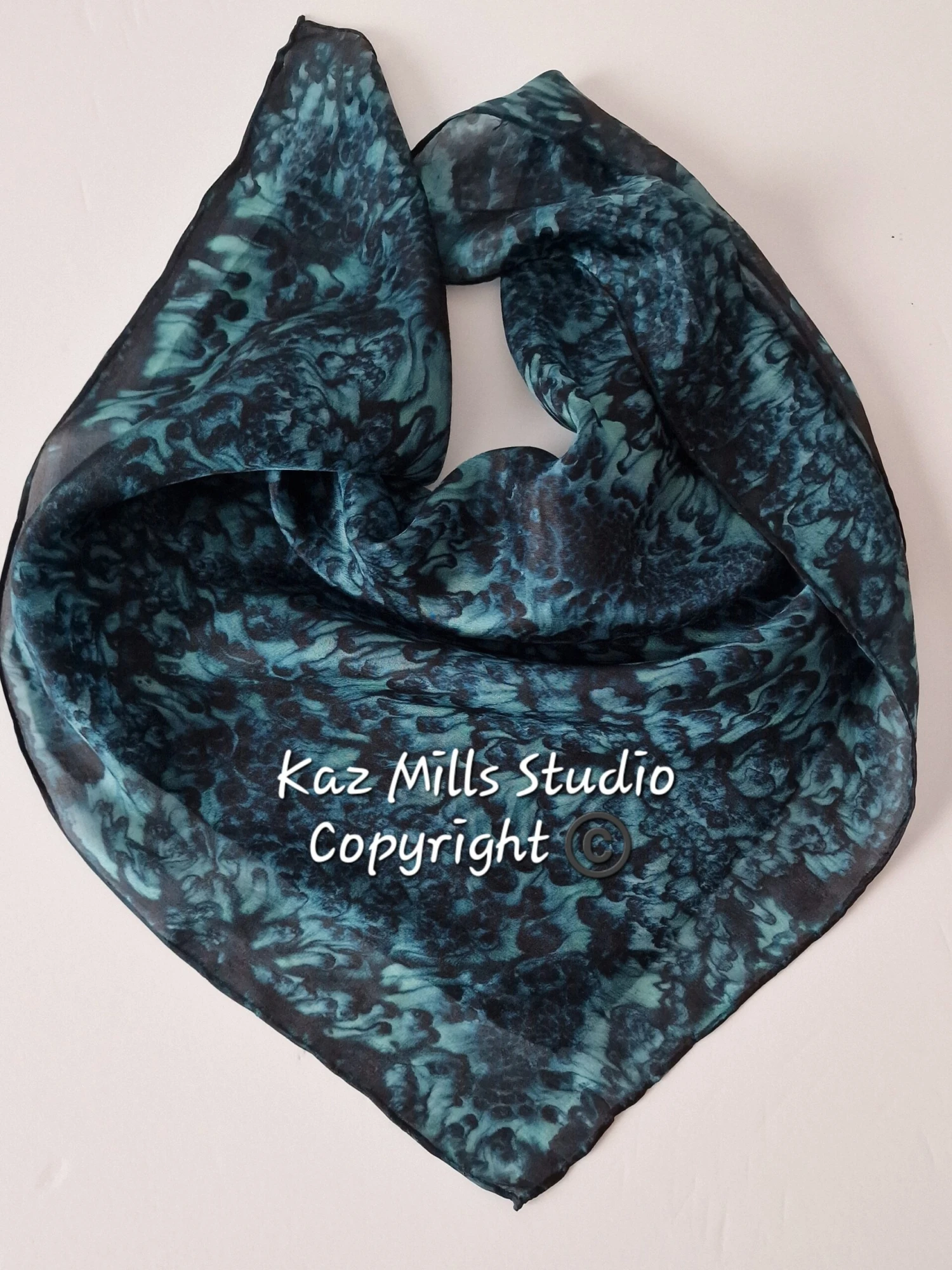 Hand Painted Silk Bandana-Water Dance In Dark Green-Christmas Gift For Her-Hair Tie-Tie On Bag-Original Abstract Artist Painted-Xmas Gift 4 Hand Painted Silk Bandana-Water Dance In Dark Green-Christmas Gift For Her-Hair Tie-Tie On Bag-Original Abstract Artist Painted-Xmas Gift - Image 2