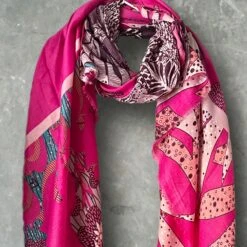 Retro Art Deco Flowers Pattern Fuchsia Pink Cotton Scarf/Summer Autumn Winter Scarf/Gifts For Her Birthday Christmas/Gifts For Mother