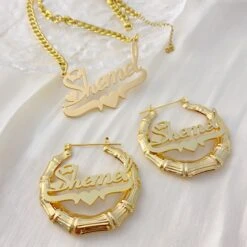 Kids Jewelry Set, Bamboo Name Earrings, Gold Name Necklace, Custom Name Earrings, Gold Hoop Earrings, Name Jewelry Set, Christmas Gift
