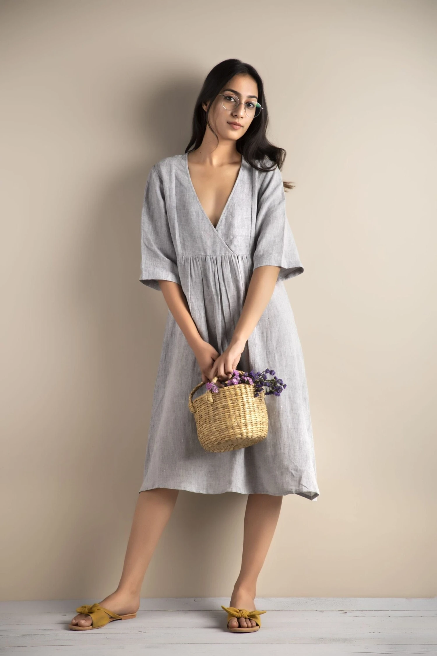 Grey Chambray Women Dress / Tea Length Dress/ V-neck With Front Pleated Pattern/ Linen Maternity Dress/ Christmas Gift For Her/ Mom/Wife 4 Grey Chambray Women Dress / Tea Length Dress/ V-neck With Front Pleated Pattern/ Linen Maternity Dress/ Christmas Gift For Her/ Mom/Wife - Image 2