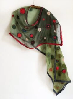 Felted Scarf In Green Red Gradation, Long Silk Chiffon Scarf With Felted Dots, Wool Women Scarves, Christmas Gift Mom, Unique Handmade Gift