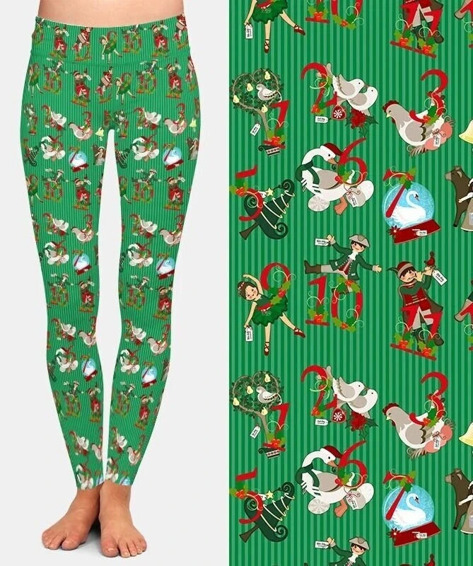 12 Days Of Christmas Printed, Buttery Soft Fabric Leggings, Recycled Material, Super Soft And Stretchy 3 12 Days Of Christmas Printed, Buttery Soft Fabric Leggings, Recycled Material, Super Soft And Stretchy