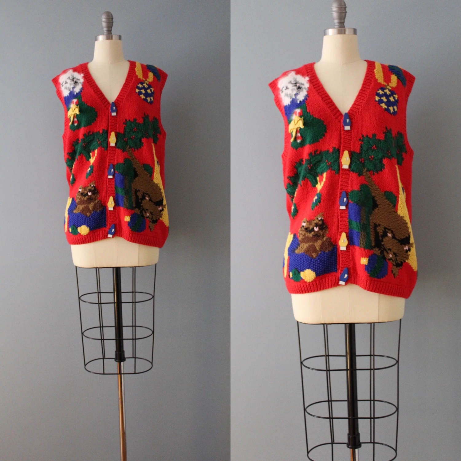 Christmas Kittens Intarsia Vest | Cute Kittens Vest | Hand-knitted Holiday Vest 4 Christmas Kittens Intarsia Vest | Cute Kittens Vest | Hand-knitted Holiday Vest - Image 2