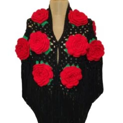 Rose Granny Crochet Shawl, Red Rose Afghan Wrap, Baby Wool Square Wrap, Christmas Gift, Mothers Day Gift