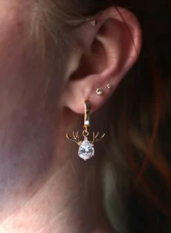 18K Gold Plated Cubic Zirconia Antler Reindeer Christmas Chunky Hoop Earrings | Real Gold Plated Brass Deer Antler Charm Holiday Hoops