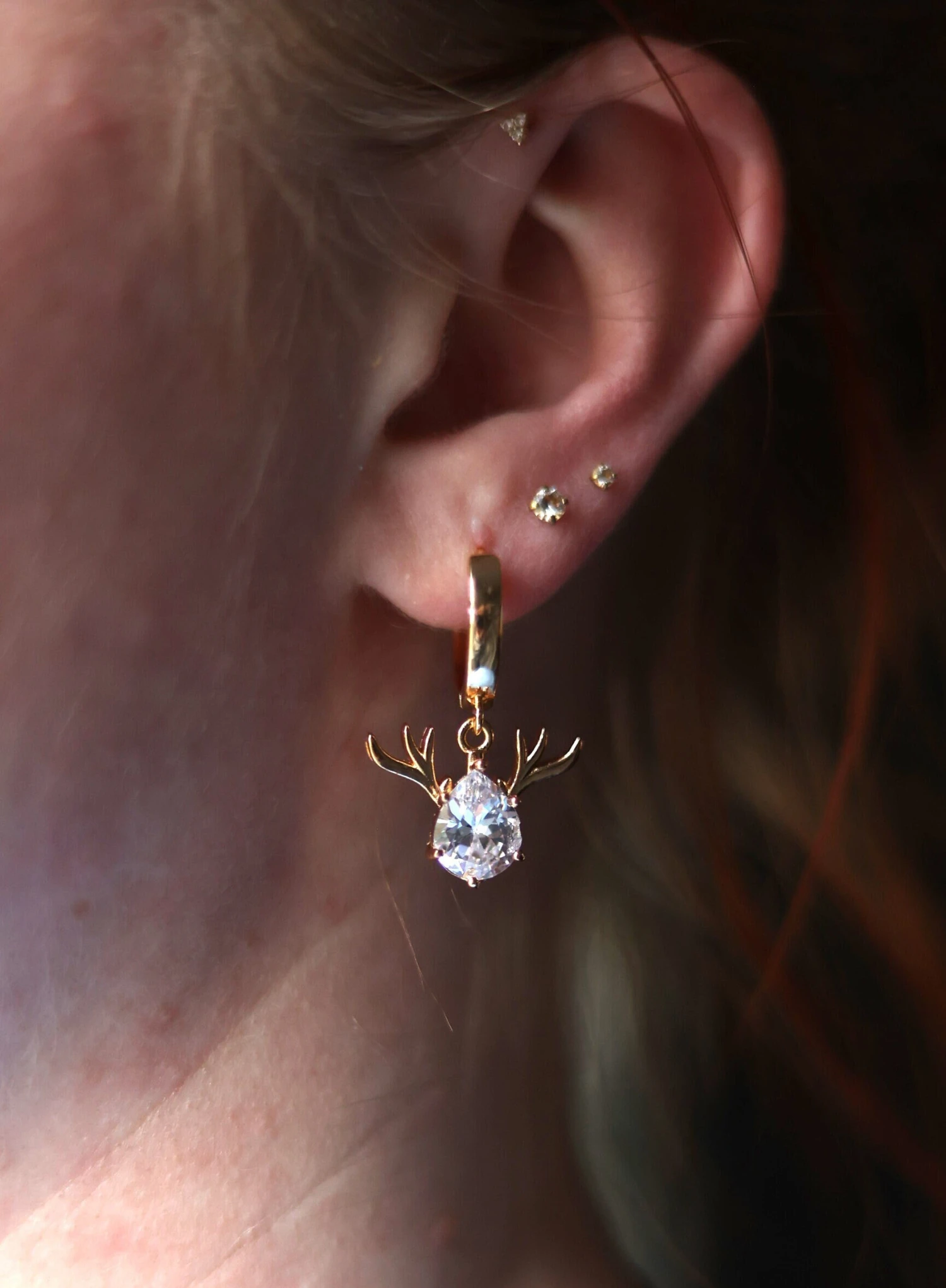 18K Gold Plated Cubic Zirconia Antler Reindeer Christmas Chunky Hoop Earrings | Real Gold Plated Brass Deer Antler Charm Holiday Hoops 3 18K Gold Plated Cubic Zirconia Antler Reindeer Christmas Chunky Hoop Earrings | Real Gold Plated Brass Deer Antler Charm Holiday Hoops