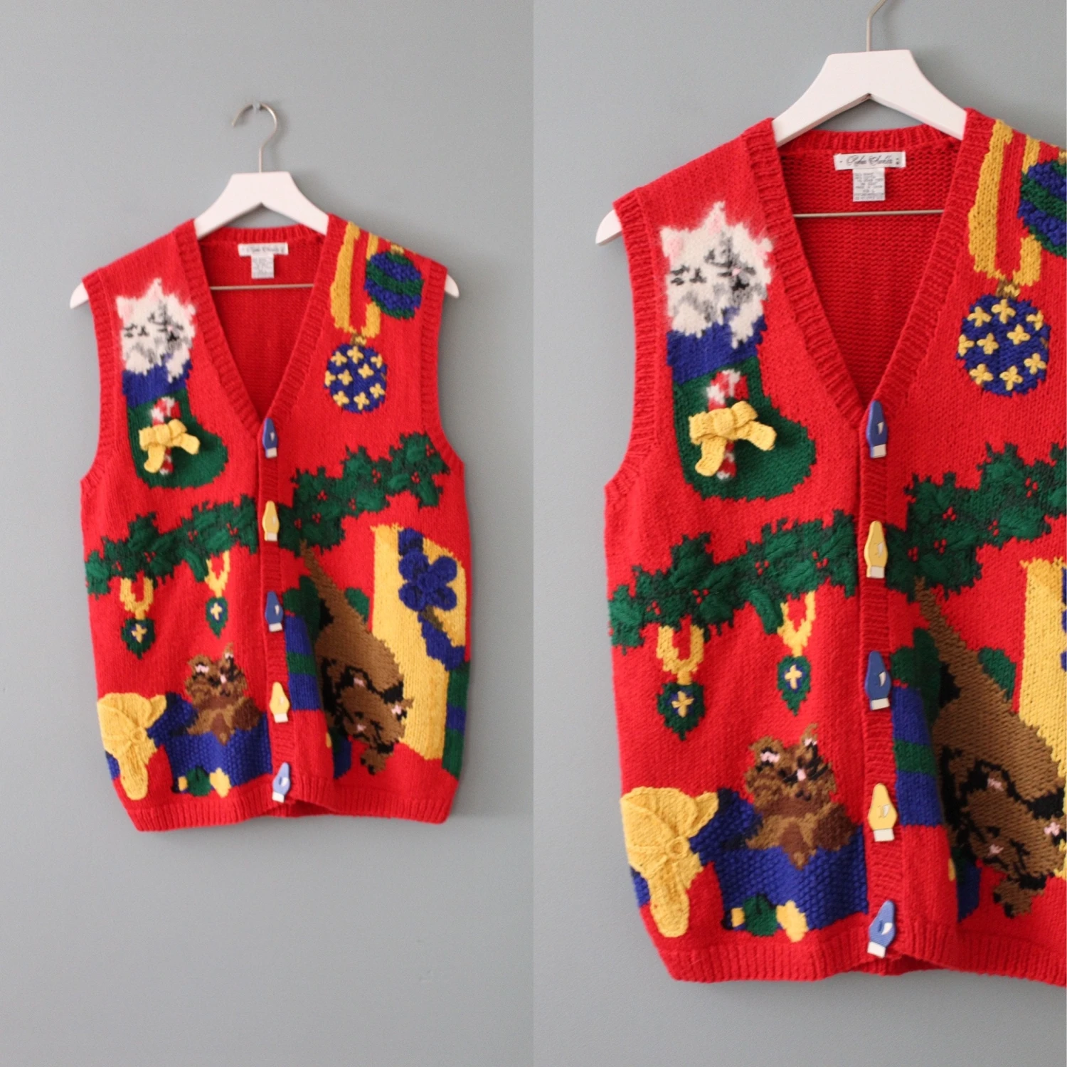 Christmas Kittens Intarsia Vest | Cute Kittens Vest | Hand-knitted Holiday Vest 3 Christmas Kittens Intarsia Vest | Cute Kittens Vest | Hand-knitted Holiday Vest