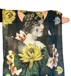 Women Scarf 100% Silk Long, 16 X45 Inches, Original Artwork Pattern By Katy Lemay, Black And Blue , Women Gift Christmas, Canada Goose