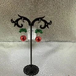 Green Bows And Red Christmas Bulb Earrings