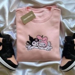 Ku.ro.mi Me.lo.dy Embroidered Sweatshirt, Cute Cat Christmas Embroidered Crewneck, Cute Kitty Couple Matching Sweater, Gift