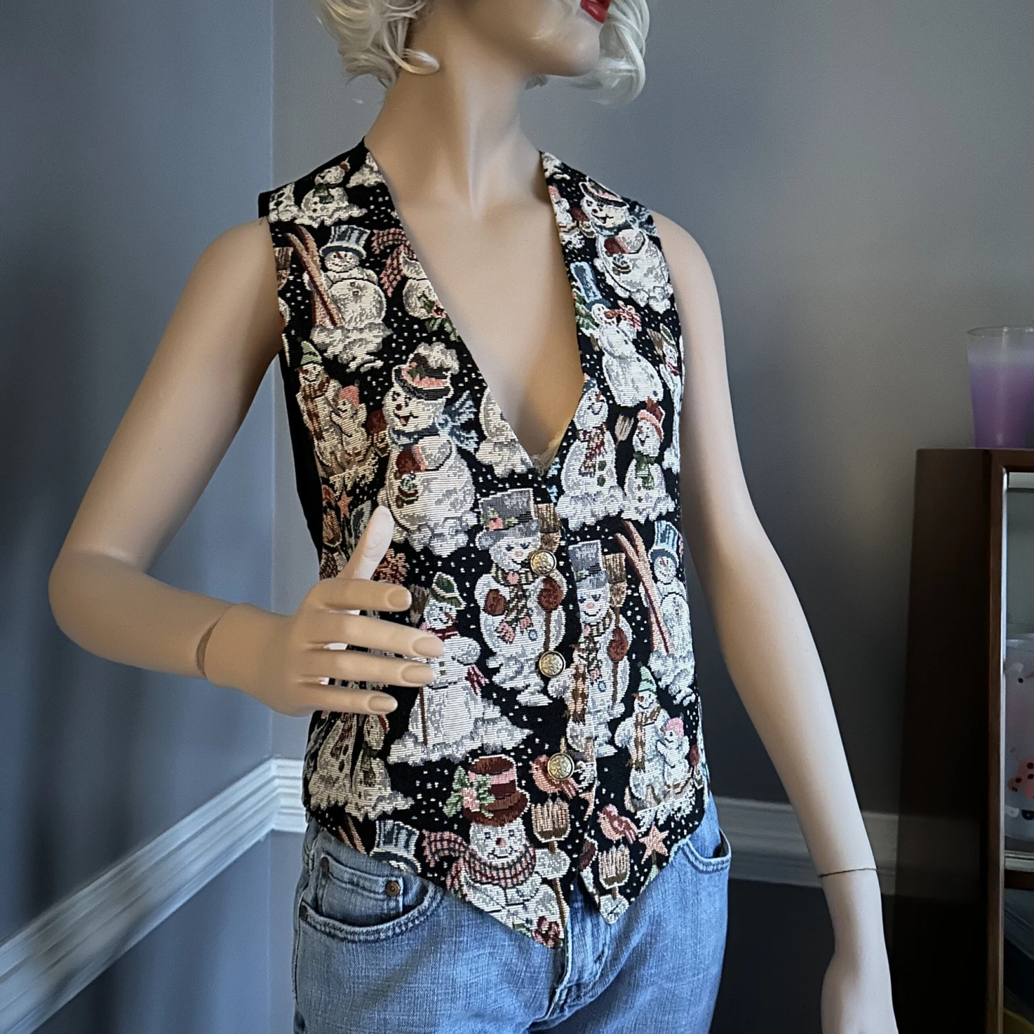 Vintage Snowmen Christmas Tapestry Vest 90s M/L 8 Vintage Snowmen Christmas Tapestry Vest 90s M/L - Image 6