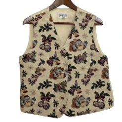 Vintage Christmas Vest Womens Large Beige Green Tapestry Santa Claus Waistcoat Old Fashioned Old TImey