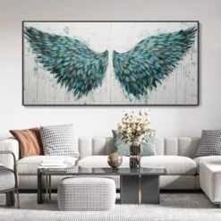 Abstract Green Feathers Custom Hand-Painted Christmas Gift Angel Wings Wall Art Wabi-Sabi Style Canvas Minimalist Hanging Large Artwork