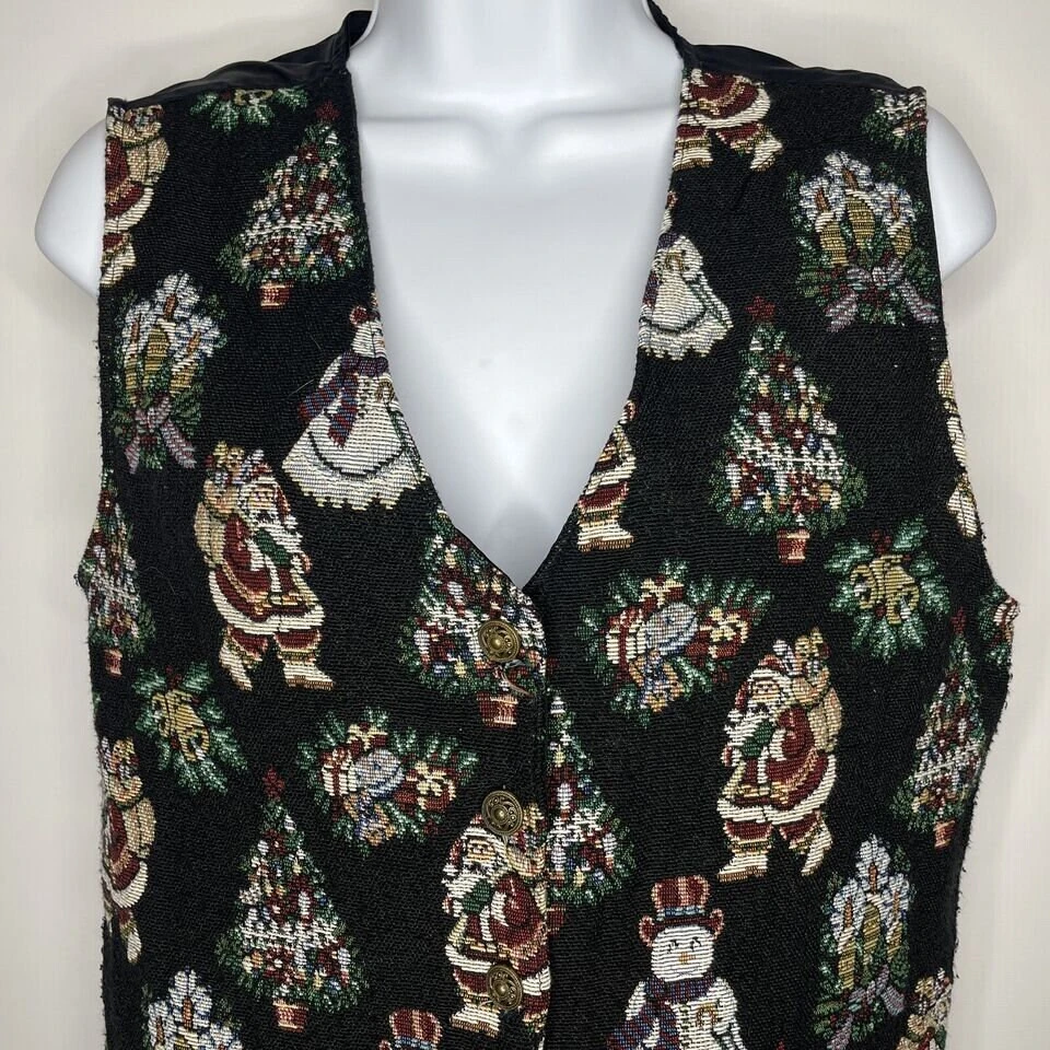 Vintage 90s Bobbie Brooks Black Needlepoint Tapestry Christmas Santa Vest Size S 4 Vintage 90s Bobbie Brooks Black Needlepoint Tapestry Christmas Santa Vest Size S - Image 2