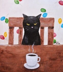 Funny Black Cat Art Print, Cat Lover Christmas Gift, Cute Grumpy Black Cat With Coffee, Whimsical Cat Print Kitchen Wall Décor, Birthday Cat