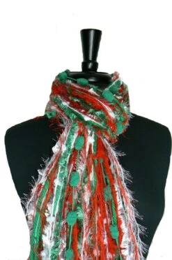 Christmas Fringe Knotted Scarf In Red, Green And White, Scarf Necklace, Christmas Scarf For Women, Scarf For Christmas Party