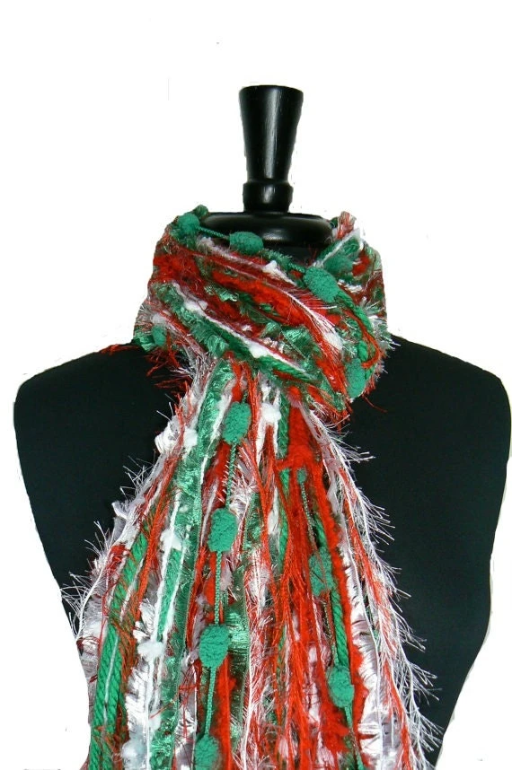 Christmas Fringe Knotted Scarf In Red, Green And White, Scarf Necklace, Christmas Scarf For Women, Scarf For Christmas Party 3 Christmas Fringe Knotted Scarf In Red, Green And White, Scarf Necklace, Christmas Scarf For Women, Scarf For Christmas Party