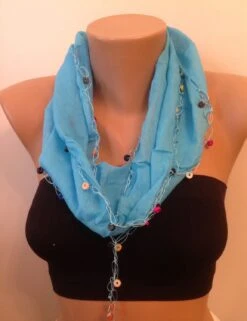 Blue Cotton Wood Beads Scarf, Cotton Scarf, Turquoise Scarves, Belt, Headband Scarf , Birthday Gifts, Christmas Gifts, Gift For Friends, -Jewellery Soldes Boutique il fullxfull.728289340 oznz