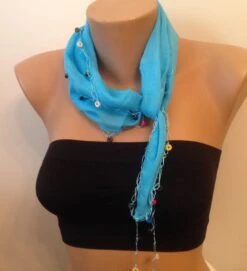 Blue Cotton Wood Beads Scarf, Cotton Scarf, Turquoise Scarves, Belt, Headband Scarf , Birthday Gifts, Christmas Gifts, Gift For Friends, -Jewellery Soldes Boutique il fullxfull.728423431 2nh6