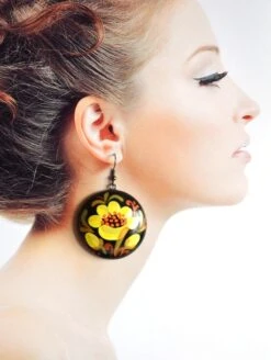 Yellow Black Earrings Handpainted Flower Jewelry Handcrafted Christmas Gift Wedding Yellow Flowers, Eco Folk Earrings Unique Gift Girlfriend -Jewellery Soldes Boutique il fullxfull.734282739 4ezy
