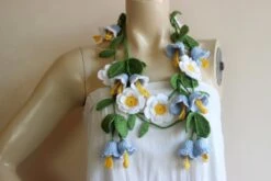 Bell Crochet Scarf- Flower Lariat Necklace Scarf- Ladybug Scarf- Jewelry Scarf-Blue Bell And White Daisy Scarf-christmas Gift