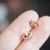 Evil Eye Earrings, Gold Titanium Studs, Anodized Implant Grade, Rose Gold Silver, Christmas Gift For Her, Oorbellen, Cadeau Voor Haar