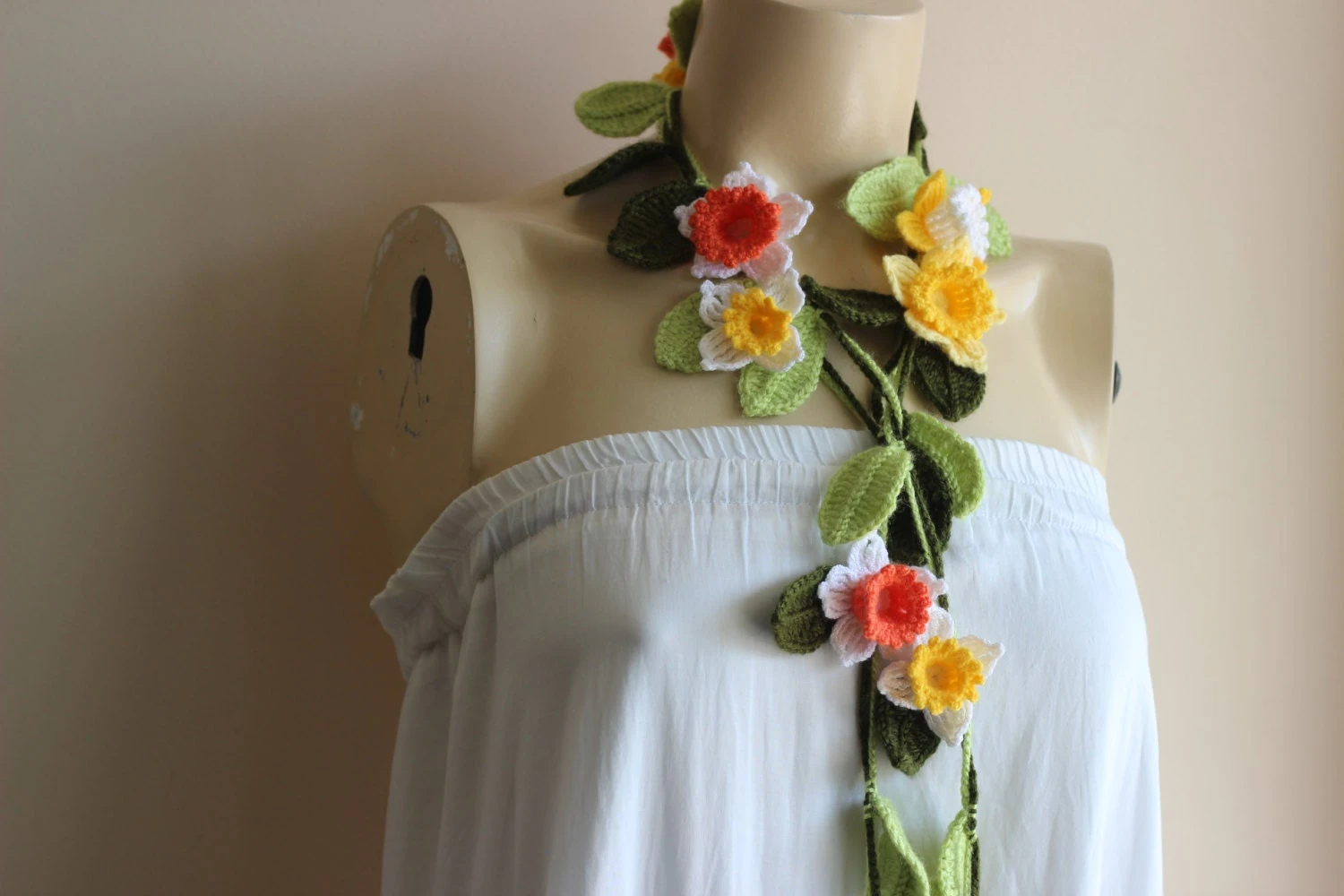 Daffodil Necklace- Crochet Lariat Scarf- Flower Lariat Scarf-Yellow,White ,Orange Daffodil/Jonquil/Narcissus Scarf-christmas Gift 6 Daffodil Necklace- Crochet Lariat Scarf- Flower Lariat Scarf-Yellow,White ,Orange Daffodil/Jonquil/Narcissus Scarf-christmas Gift - Image 4