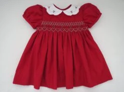 Adorable Red And White Christmas Dress For Baby Girl. Hand Smocked And Holly Embroidery. Short Sleeve.