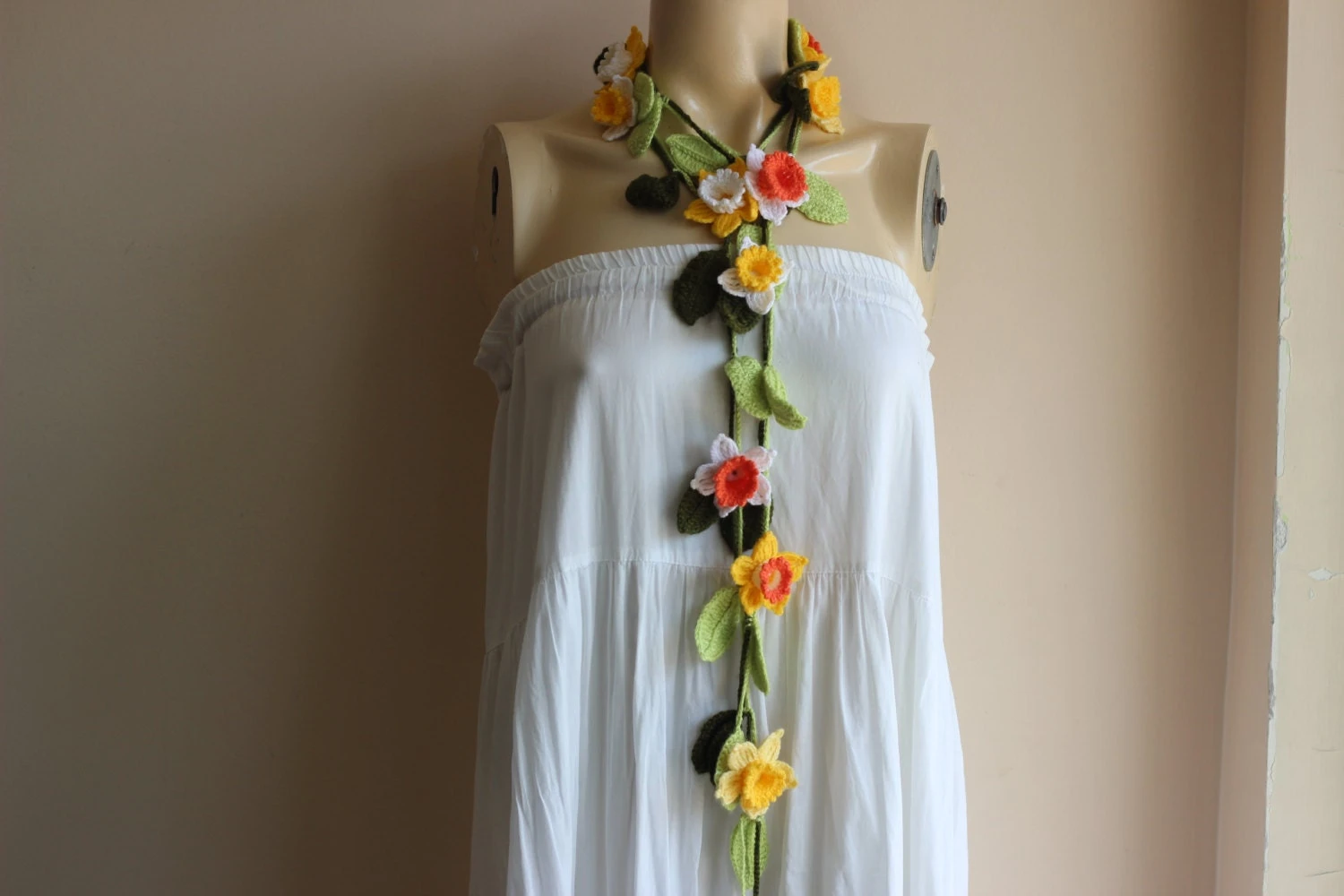 Daffodil Necklace- Crochet Lariat Scarf- Flower Lariat Scarf-Yellow,White ,Orange Daffodil/Jonquil/Narcissus Scarf-christmas Gift 7 Daffodil Necklace- Crochet Lariat Scarf- Flower Lariat Scarf-Yellow,White ,Orange Daffodil/Jonquil/Narcissus Scarf-christmas Gift - Image 5