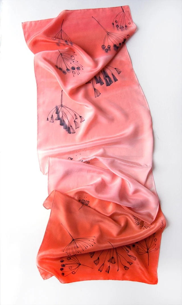 Coral Silk Scarf Crepe De Chine Scarf With Dandelions. Ombre Scarf In Light Coral To Orange/ Painted Scarves/ Christmas Gift Mom, Grandma 3 Coral Silk Scarf Crepe De Chine Scarf With Dandelions. Ombre Scarf In Light Coral To Orange/ Painted Scarves/ Christmas Gift Mom, Grandma
