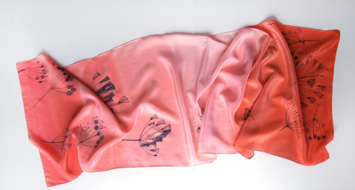 Coral Silk Scarf Crepe De Chine Scarf With Dandelions. Ombre Scarf In Light Coral To Orange/ Painted Scarves/ Christmas Gift Mom, Grandma 6 Coral Silk Scarf Crepe De Chine Scarf With Dandelions. Ombre Scarf In Light Coral To Orange/ Painted Scarves/ Christmas Gift Mom, Grandma - Image 4