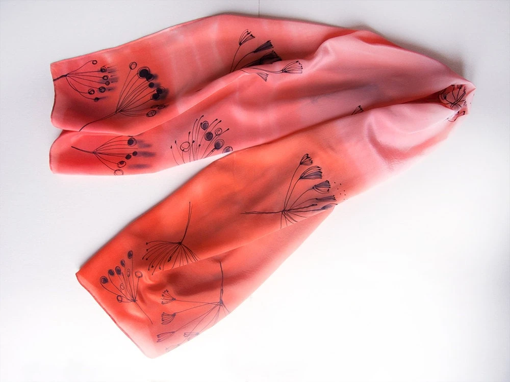 Coral Silk Scarf Crepe De Chine Scarf With Dandelions. Ombre Scarf In Light Coral To Orange/ Painted Scarves/ Christmas Gift Mom, Grandma 7 Coral Silk Scarf Crepe De Chine Scarf With Dandelions. Ombre Scarf In Light Coral To Orange/ Painted Scarves/ Christmas Gift Mom, Grandma - Image 5