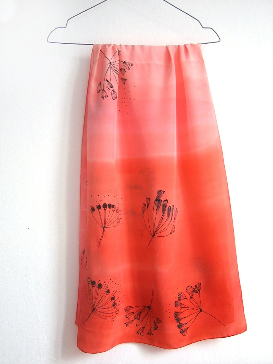 Coral Silk Scarf Crepe De Chine Scarf With Dandelions. Ombre Scarf In Light Coral To Orange/ Painted Scarves/ Christmas Gift Mom, Grandma 4 Coral Silk Scarf Crepe De Chine Scarf With Dandelions. Ombre Scarf In Light Coral To Orange/ Painted Scarves/ Christmas Gift Mom, Grandma - Image 2