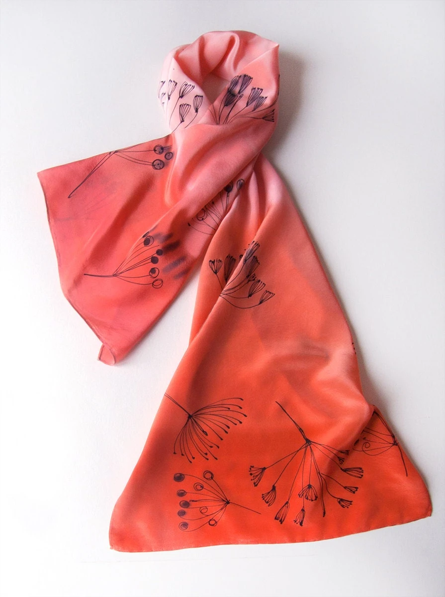 Coral Silk Scarf Crepe De Chine Scarf With Dandelions. Ombre Scarf In Light Coral To Orange/ Painted Scarves/ Christmas Gift Mom, Grandma 5 Coral Silk Scarf Crepe De Chine Scarf With Dandelions. Ombre Scarf In Light Coral To Orange/ Painted Scarves/ Christmas Gift Mom, Grandma - Image 3