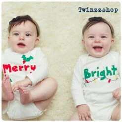 Twins Christmas "Merry And Bright" TWIN Onesies® Set Of Bodysuits For Babies, Christmas Twin Gift, Great Shower Or Christmas Gift For TWINS
