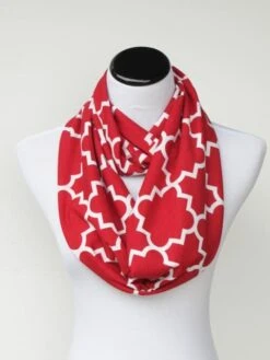 Red Scarf Christmas Infinity Scarf Red White Scarf Quatrefoil Cotton Jersey Knit Loop Scarf Geometric Circle Scarf For Women & Teen Girl
