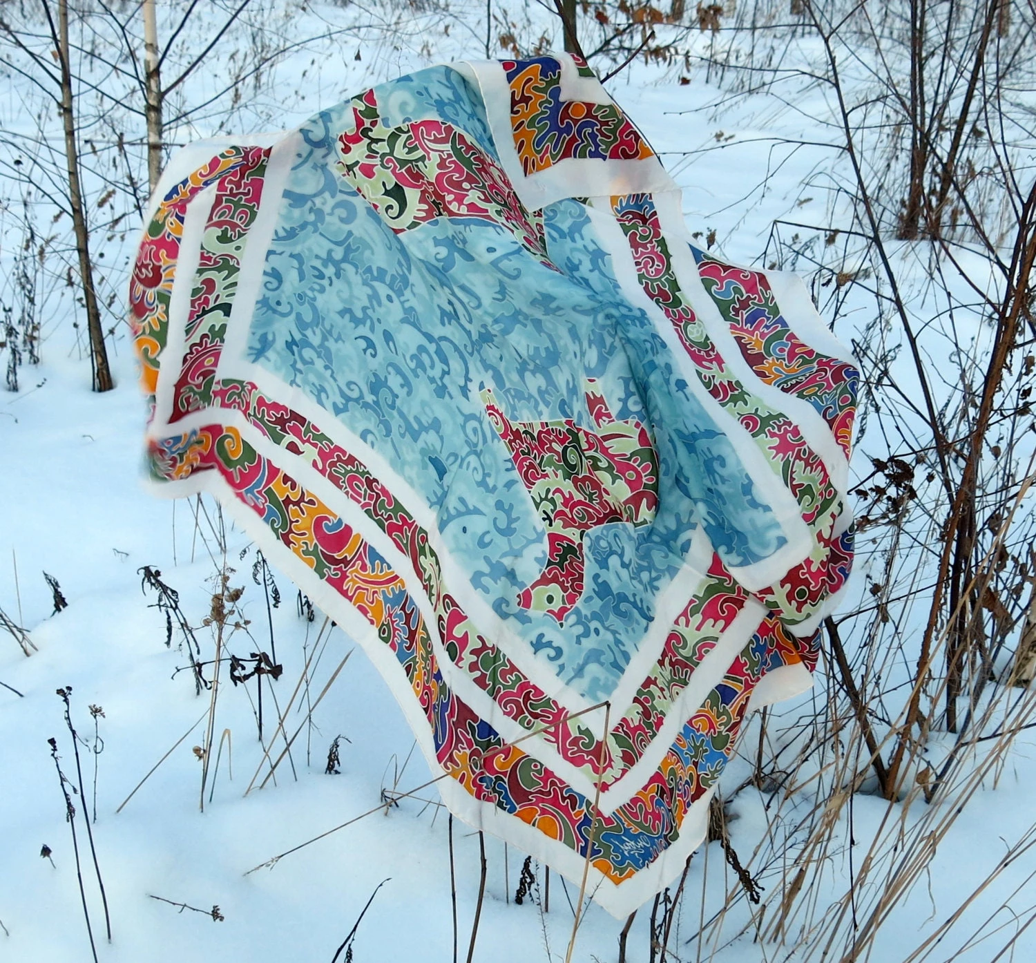 Square Silk Scarf Silk Horses. Hand Painted Silk Scarf. Orange, White, Magenta, Blue Painted Silk. Christmas Gift READY To SHIP 5 Square Silk Scarf Silk Horses. Hand Painted Silk Scarf. Orange, White, Magenta, Blue Painted Silk. Christmas Gift READY To SHIP - Image 3