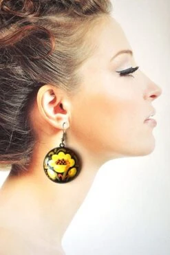 Yellow Black Earrings Handpainted Flower Jewelry Handcrafted Christmas Gift Wedding Yellow Flowers, Eco Folk Earrings Unique Gift Girlfriend -Jewellery Soldes Boutique il fullxfull.960727742 h906