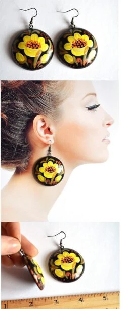 Yellow Black Earrings Handpainted Flower Jewelry Handcrafted Christmas Gift Wedding Yellow Flowers, Eco Folk Earrings Unique Gift Girlfriend -Jewellery Soldes Boutique il fullxfull.961394632 htw7
